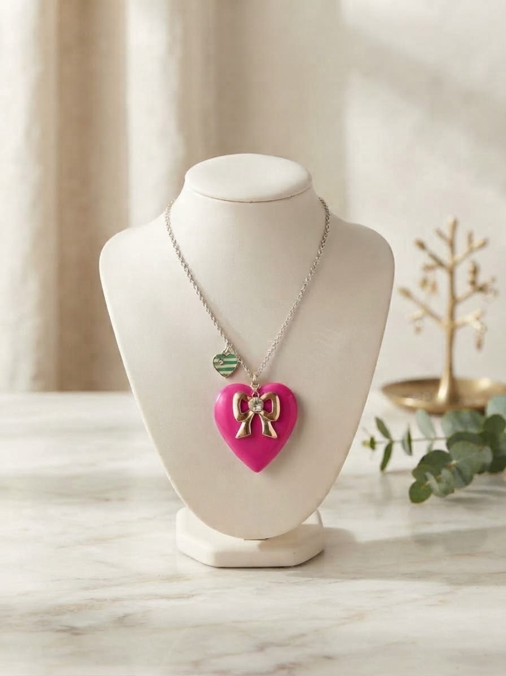 Pink Heart Locket Necklace with Gold Ribbon and Striped Charm